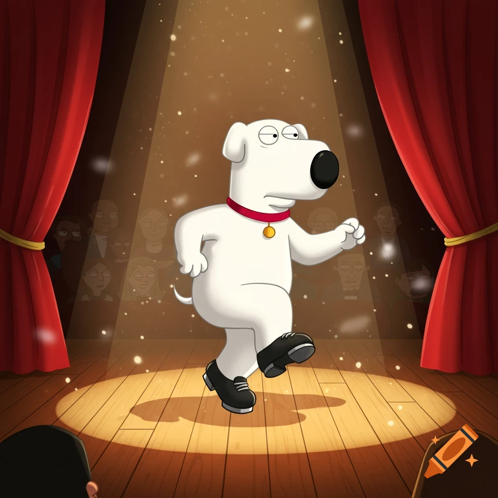 Brian Griffin from Family Guy tap dancing on a spotlighted stage with red curtains and a blurred audience.