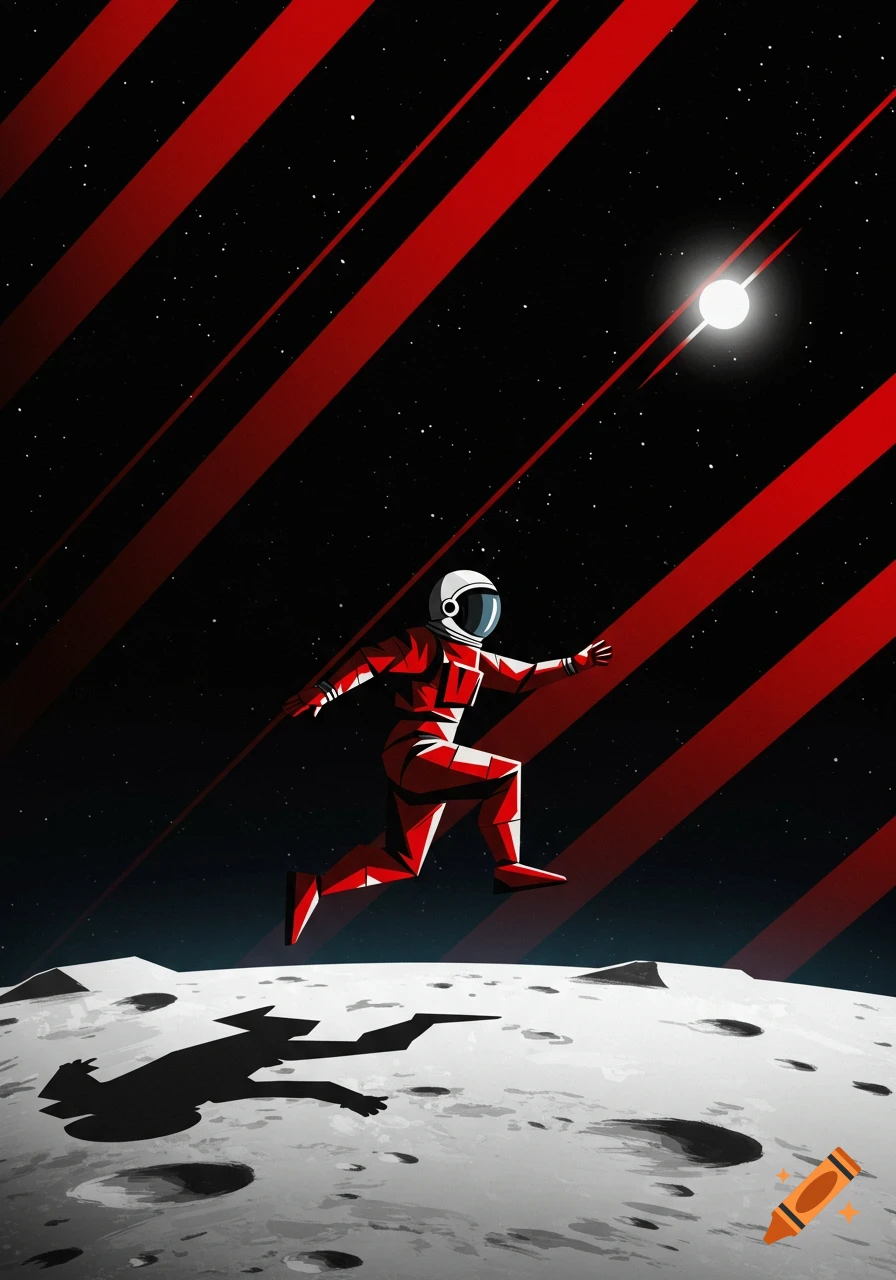 Red and white geometric astronaut jumps on a cratered moon surface under a starry sky with red diagonal beams, in Russian constructivist style.