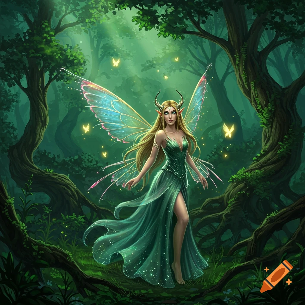 A mystical blonde fairy with horns and glowing wings in a magical green forest with butterflies, fantasy art.