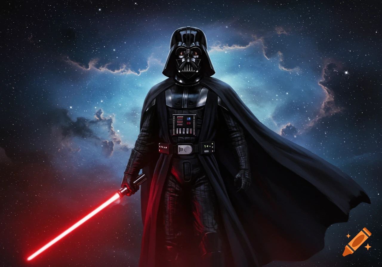 Darth Vader stands in space, holding a glowing red lightsaber, against a backdrop of stars and nebulae.