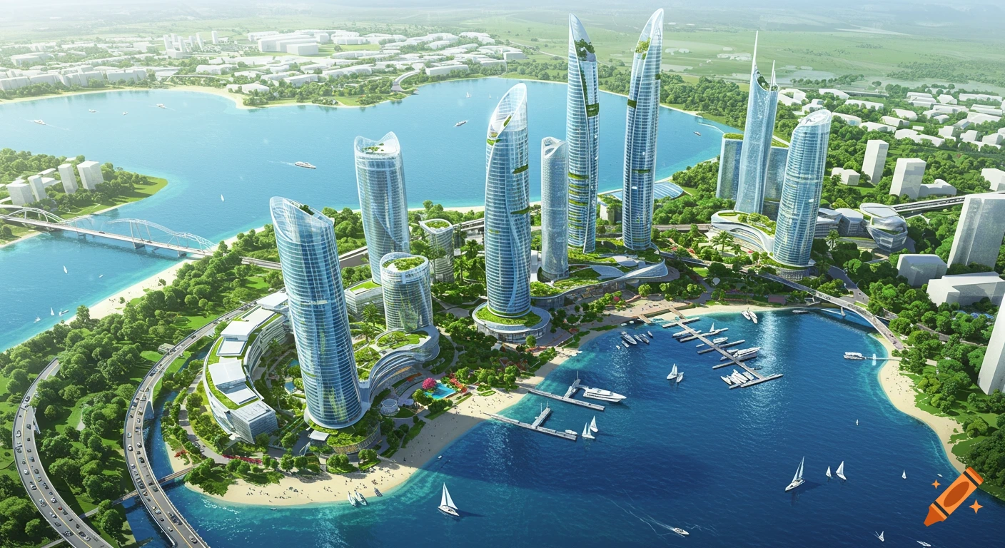 Aerial view of a futuristic city with glass skyscrapers, green roofs, a lake, marina, and modern bridges on a sunny day.