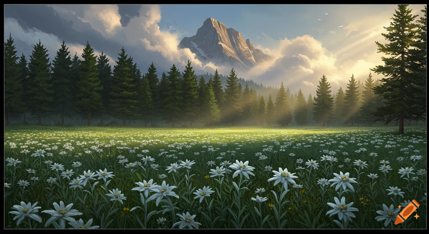 Semi-realistic painting of a field of white edelweiss flowers, a pine forest, and a mountain under a dramatic sky with sun rays.