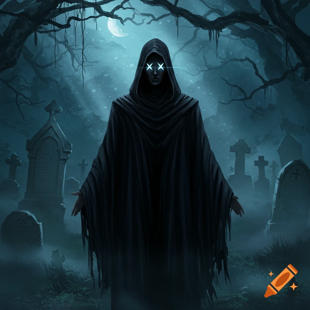An ominous black cloaked figure with glowing x-shaped eyes stands in a foggy graveyard under a full moon.