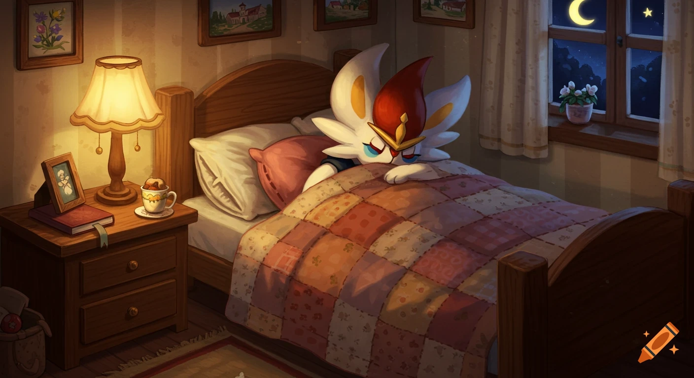 A white and orange rabbit-like Cinderace Pokemon sleeps soundly under a patchwork quilt in a cozy, warm-lit bedroom at night.
