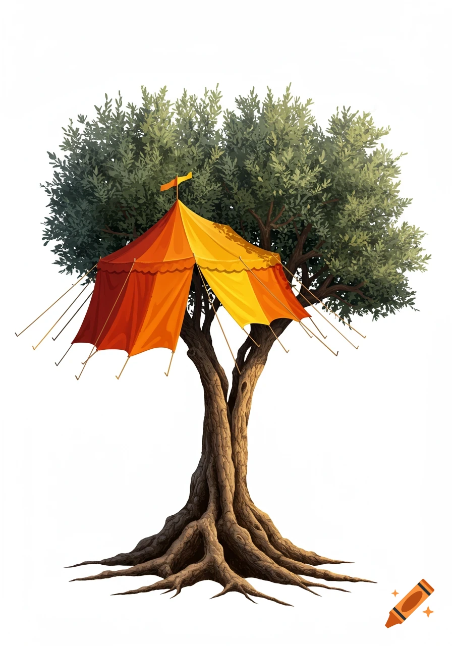 Modern illustration of an olive tree seamlessly transforming into a colorful fair tent with autumn hues on a white background.