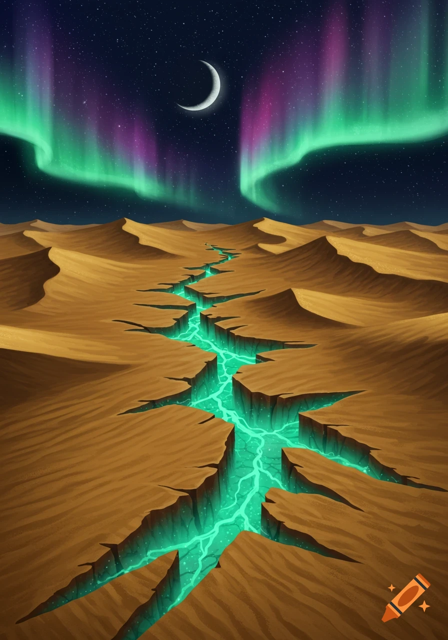 Stylized fantasy desert landscape with a glowing green cracked river, vibrant aurora borealis, a crescent moon, and stars.