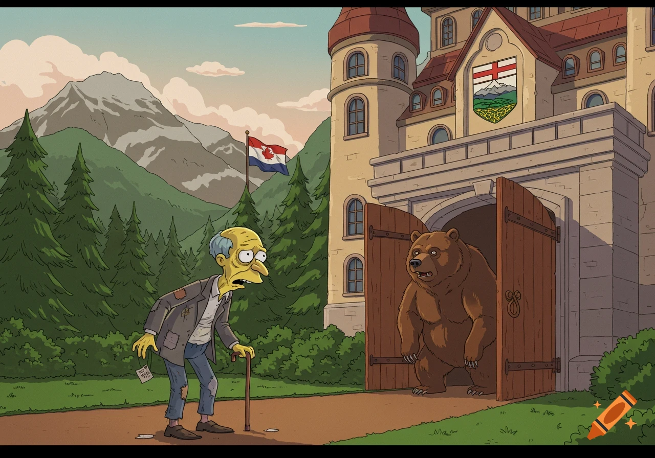 Cartoon Mr. Burns, disheveled and holding a cane, approaches a castle where a large grizzly bear answers the gate. Mountains and a Canadian-style flag are in the background.
