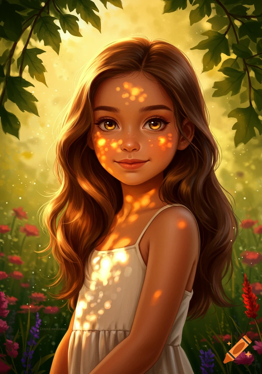 An illustrated portrait of a young girl with long brown hair, hazel eyes, and olive skin, standing in a sun-dappled garden.