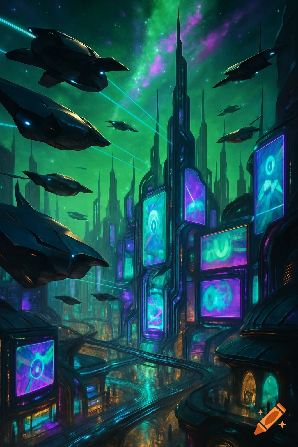 Vibrant green and purple alien city with towering futuristic buildings, flying vehicles, and glowing display screens under a starry nebula sky.