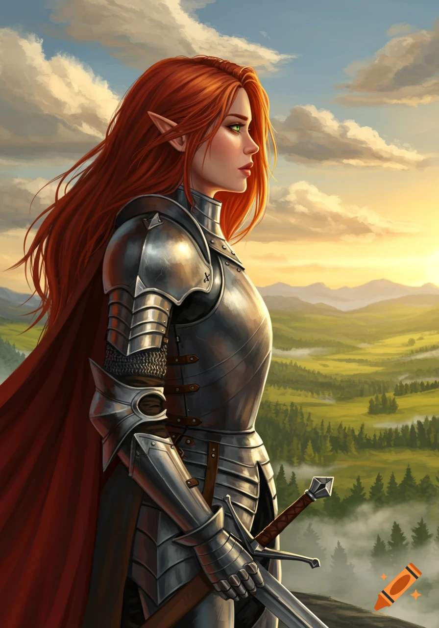 Red-haired elf knight in shining armor holds a sword, gazing over a green valley at sunset. Fantasy art style.