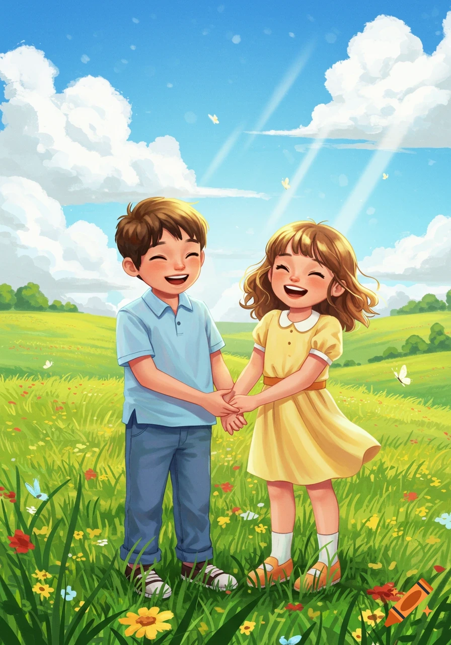 A cheerful cartoon boy and girl, likely siblings, hold hands and laugh in a vibrant meadow filled with wildflowers under a sunny sky.