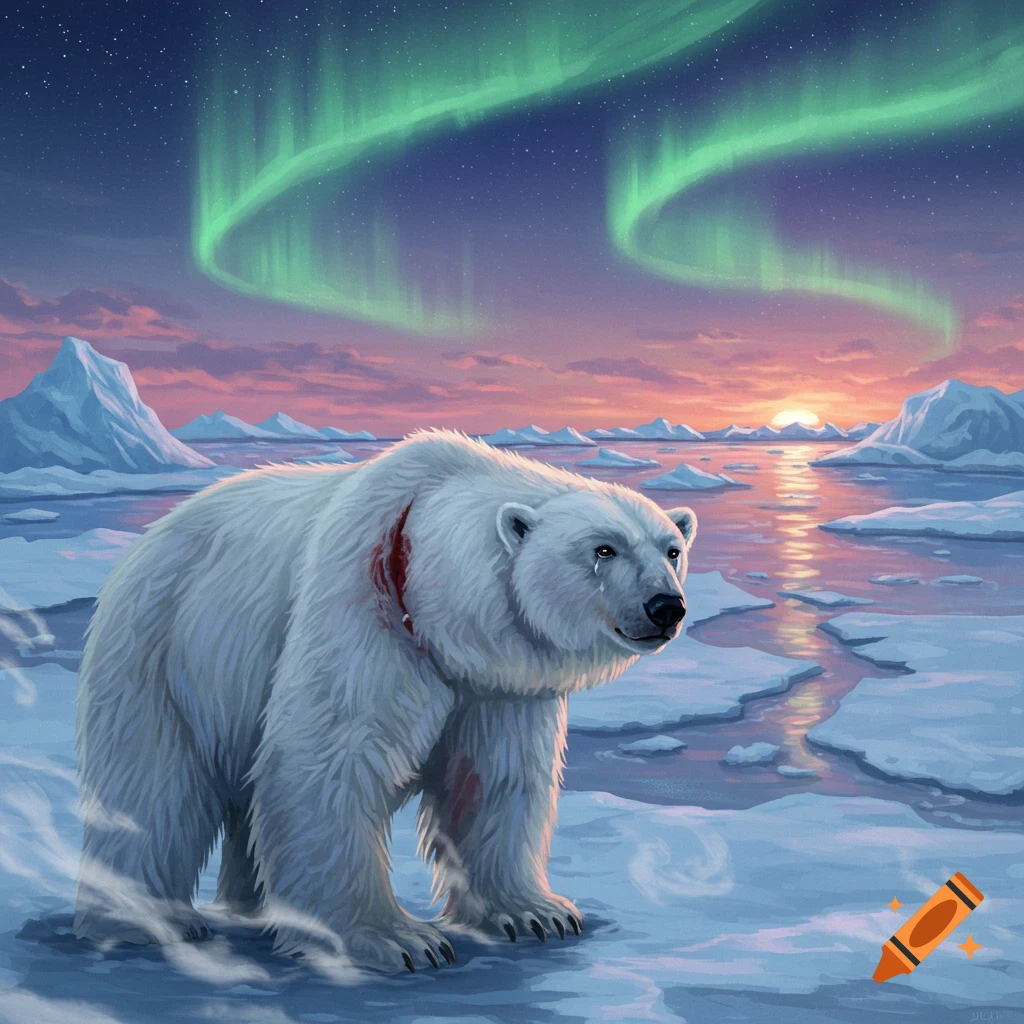 A sad, injured polar bear with a tear stands on arctic ice floes under a vibrant sunset and green aurora. Stylized art.