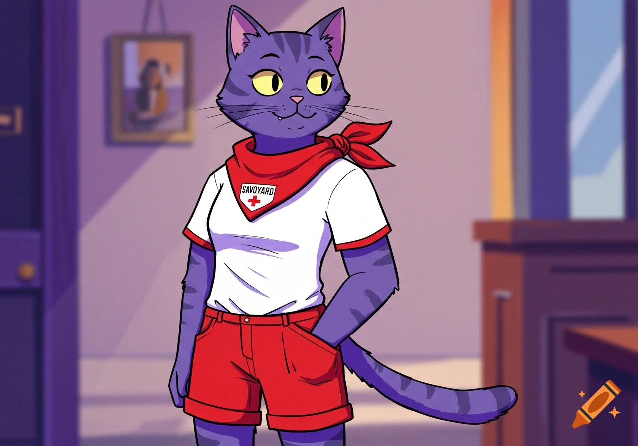 Cartoon of a purple striped anthropomorphic cat wearing a white t-shirt, red shorts, and a red 'SAVOYARD' bandana.