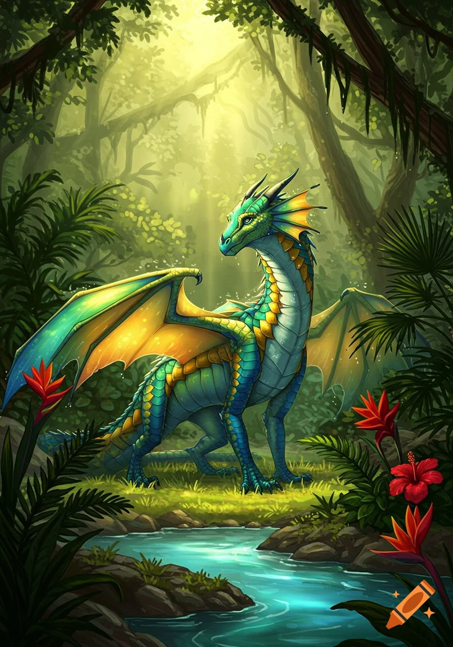 Vibrant green, blue, and yellow dragon in a lush tropical jungle with a stream and sunbeams.