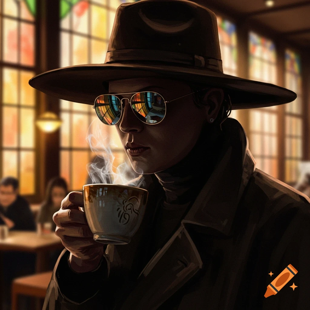 A stylized illustration of a person in a hat and sunglasses, holding a steaming coffee cup in a dimly lit cafe.