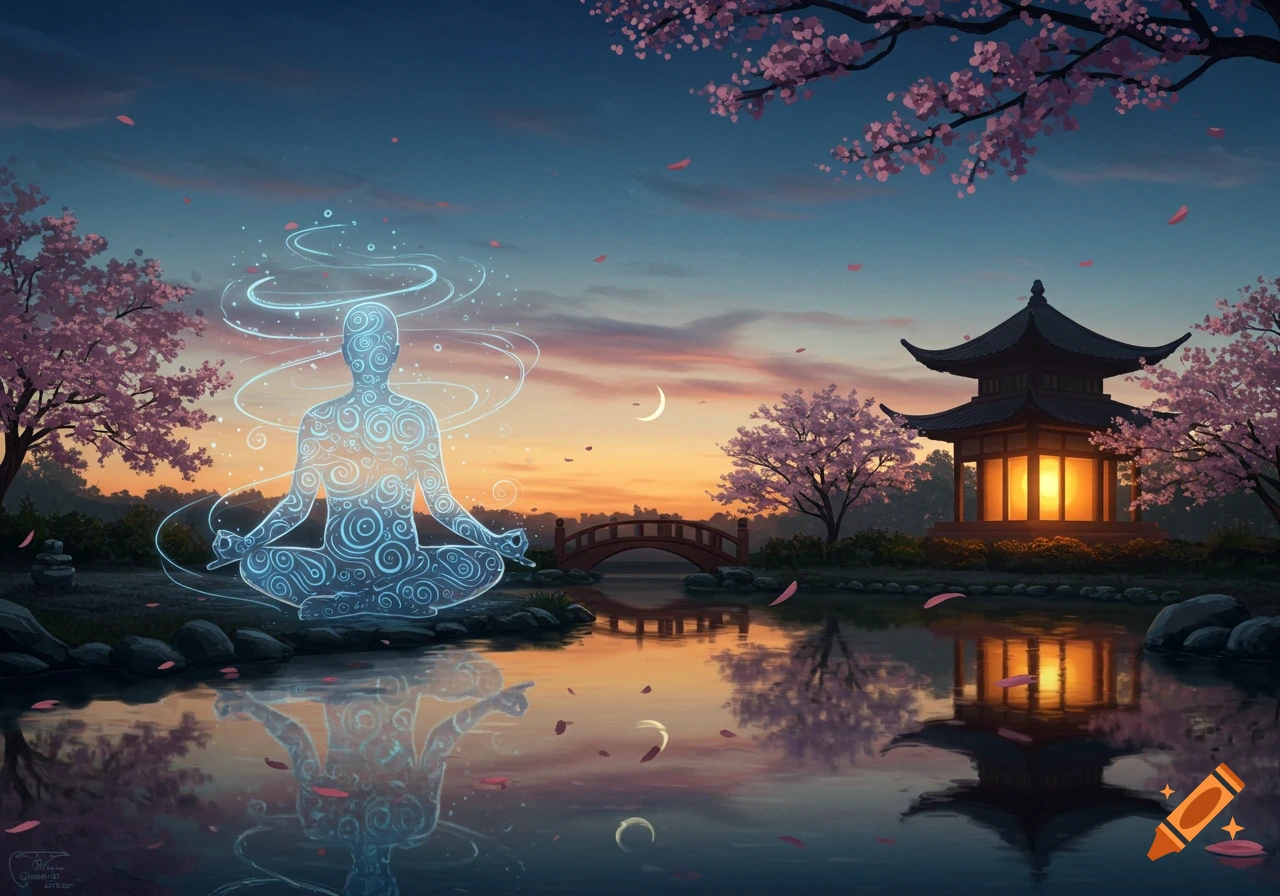 Ethereal glowing figure meditating over a serene lake with a Japanese pagoda, cherry blossoms, and a crescent moon at sunset.