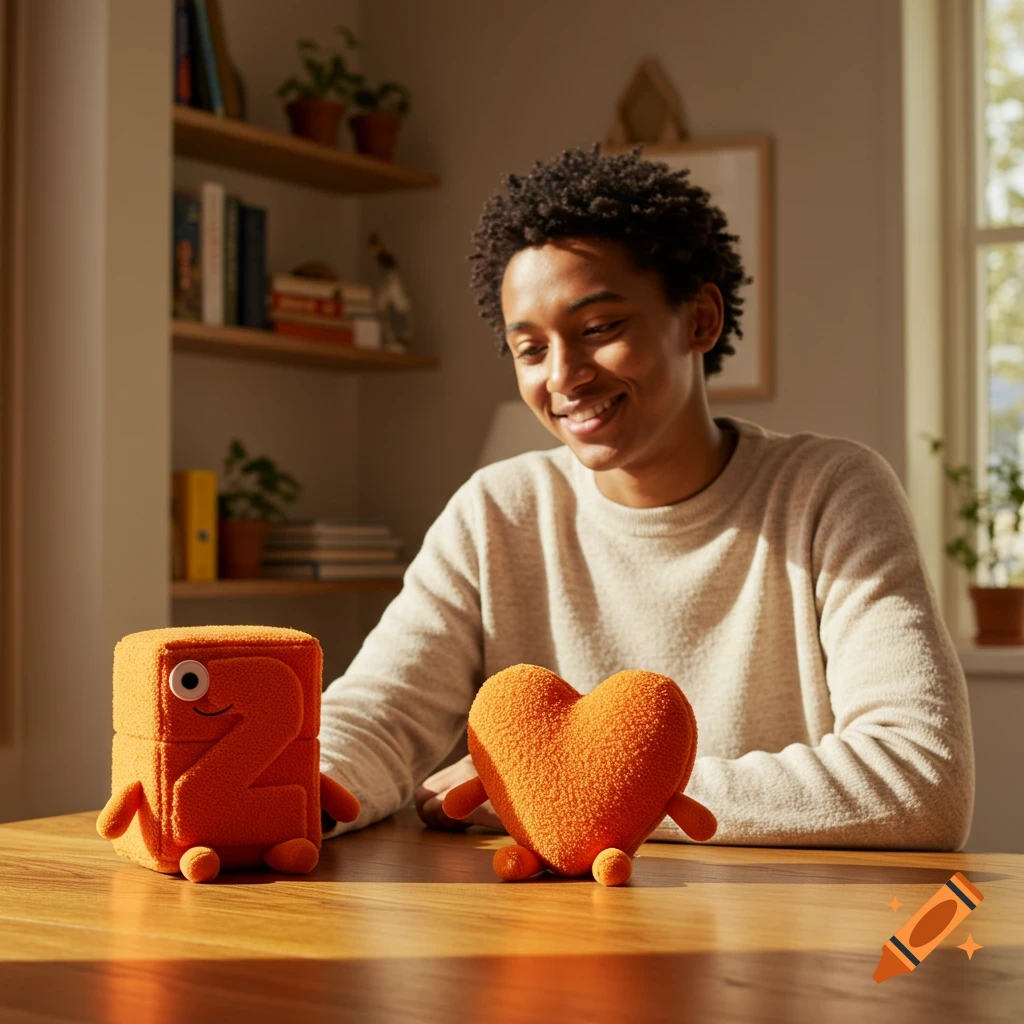 Young man smiling at two orange plush toys, a number 2 and a heart, on a wooden table in a sunlit room.