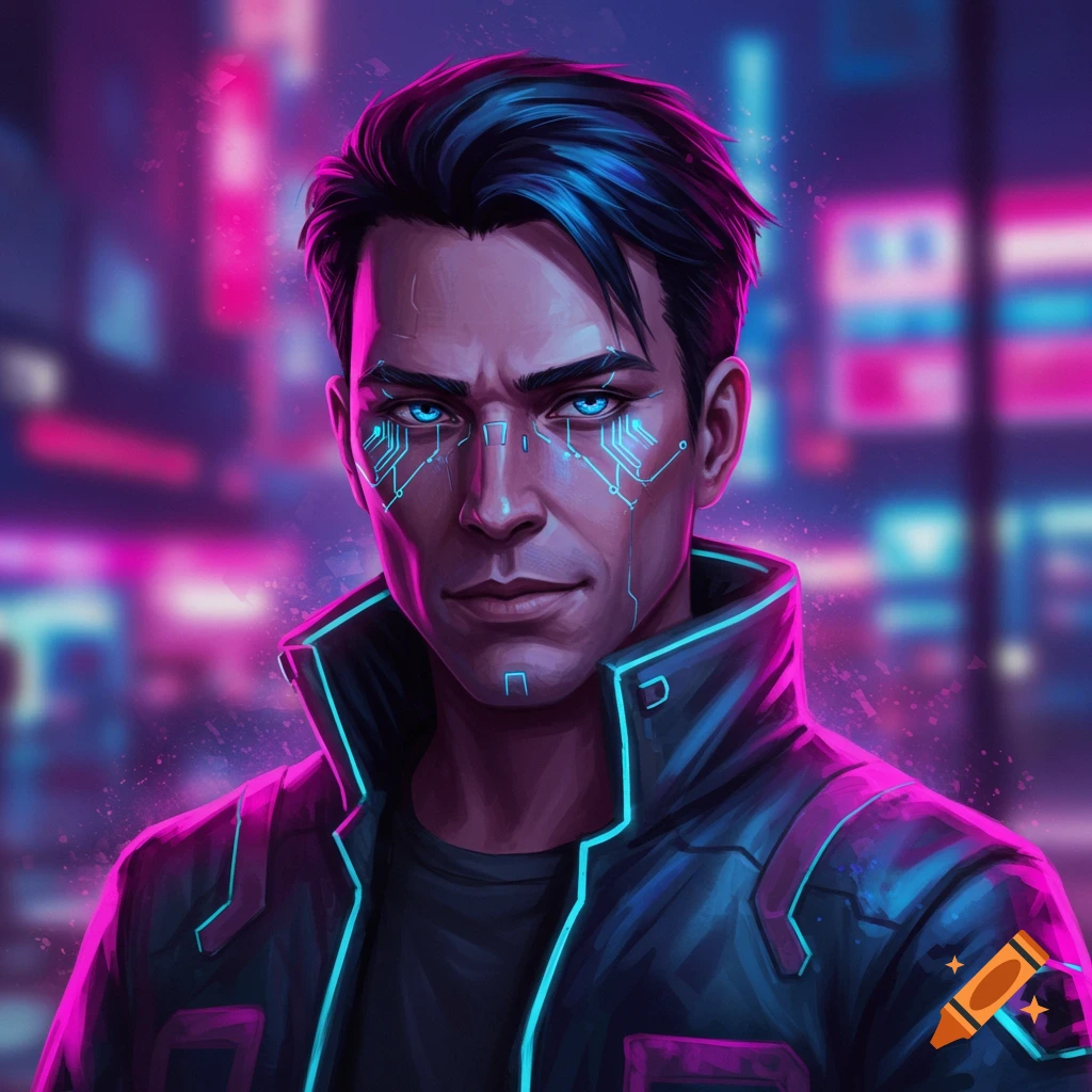 Close-up of a man with blue cybernetic face circuits and glowing jacket in a neon cyberpunk city, digital art.