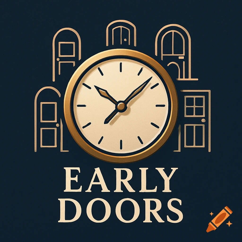A graphic logo featuring a golden clock surrounded by stylized door outlines, with the text "EARLY DOORS" below, all on a dark blue background.
