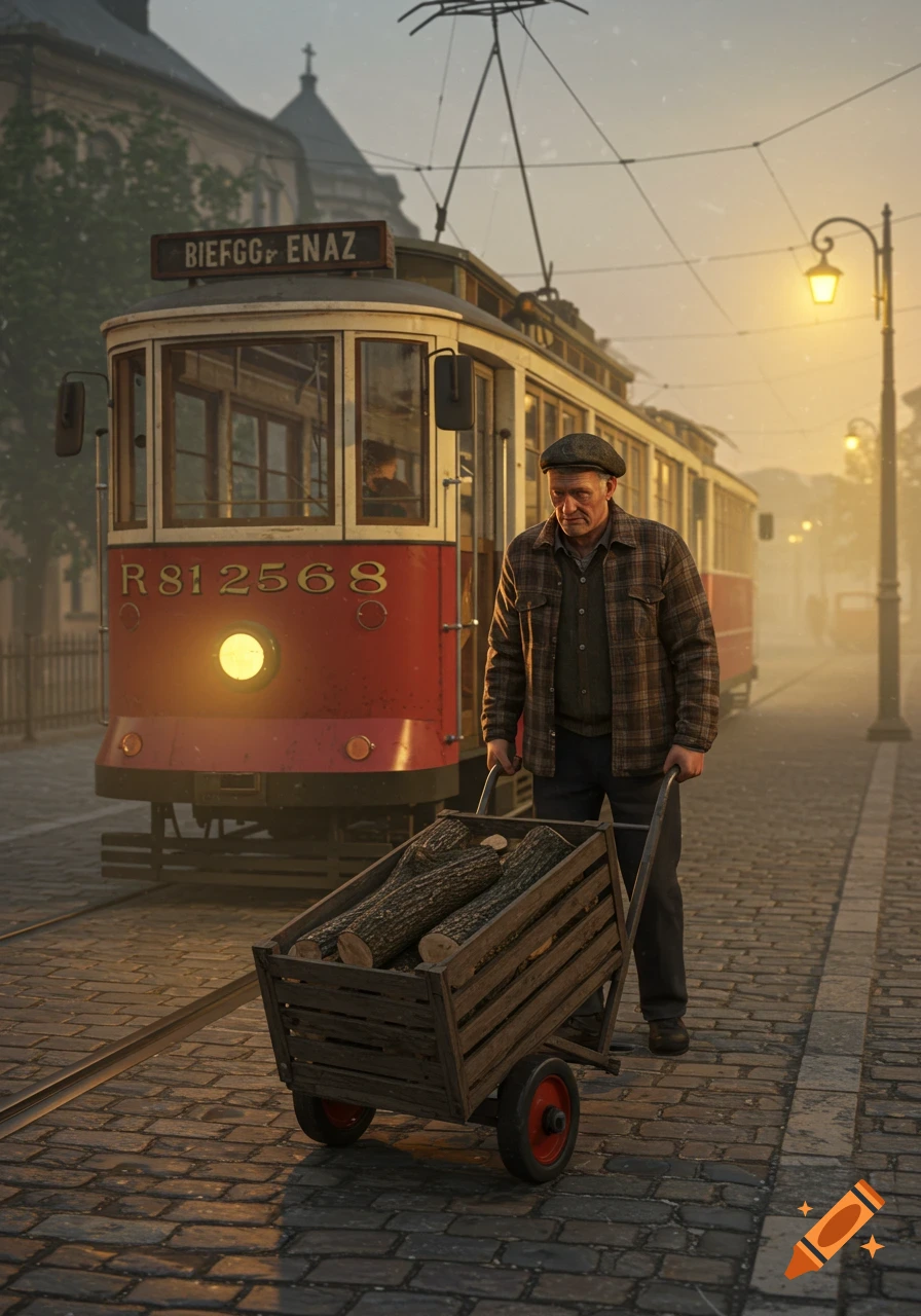 A man in a plaid shirt pushes a hand truck with logs down a cobblestone street, next to a vintage red and white tram.