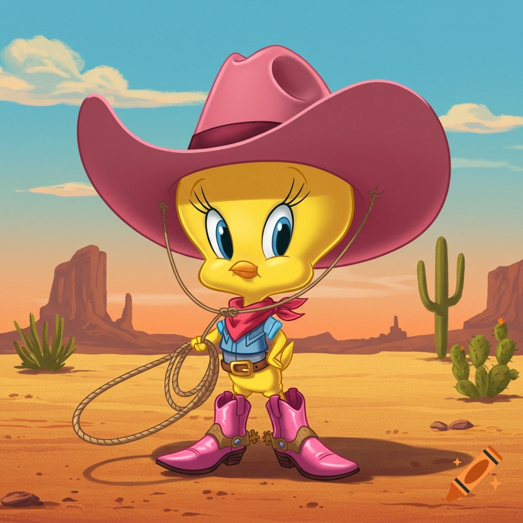 Tweety Bird as a cowgirl in a pink hat and boots, holding a lasso in a desert.