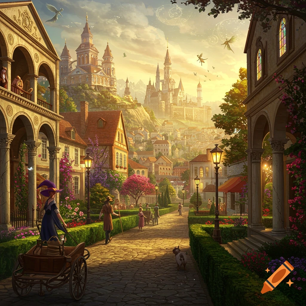 A detailed fantasy cityscape with classical architecture, lush gardens, and grand castles on hills, at sunset. A witch pulls a cart on a cobblestone street.
