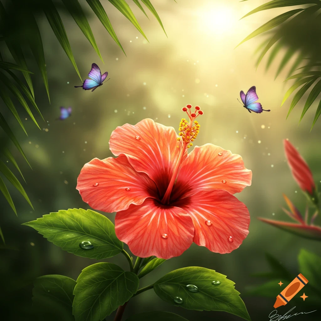 Vibrant red hibiscus flower with water droplets and purple butterflies in a sunlit tropical jungle.