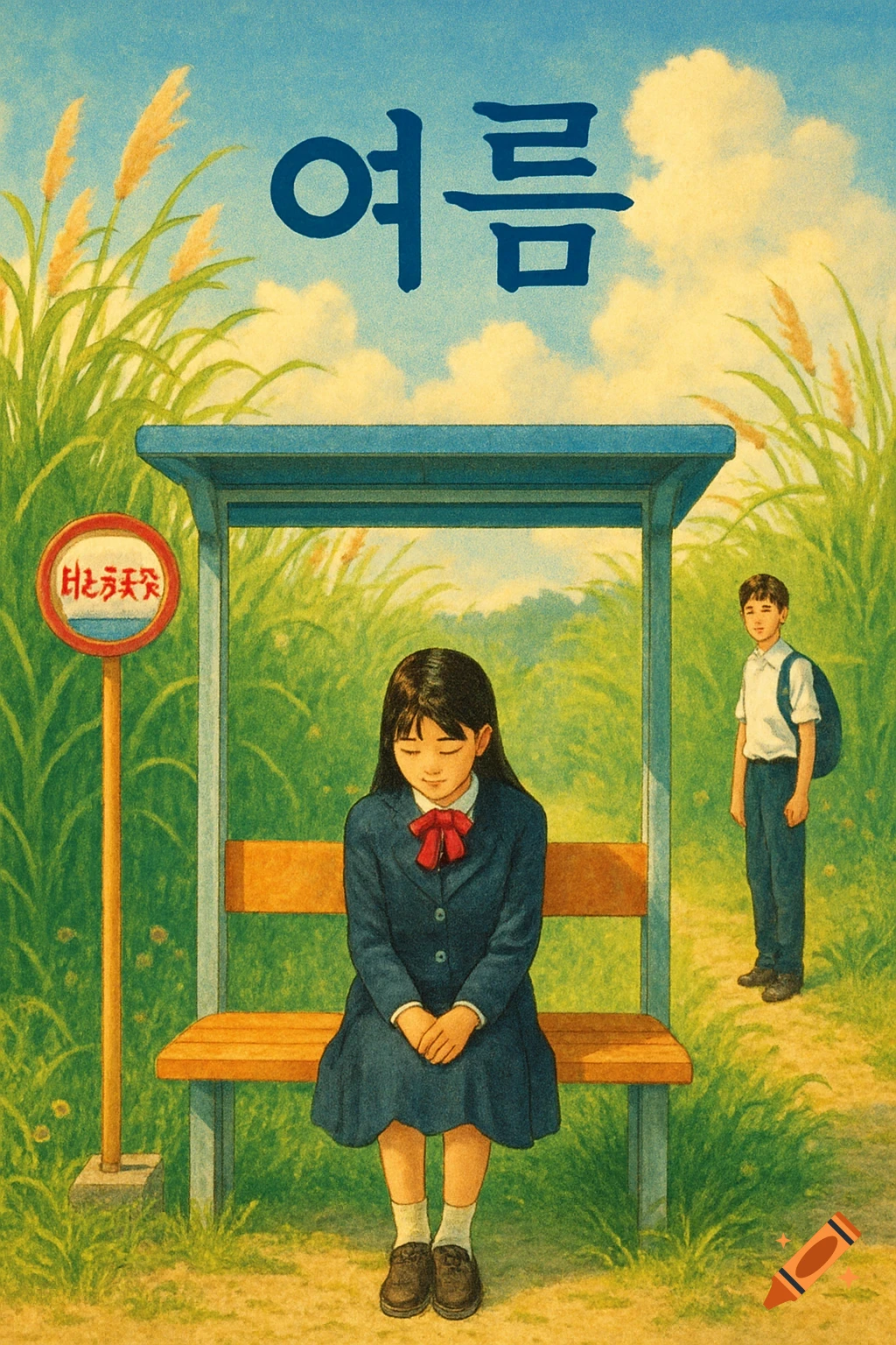 A girl in a long-sleeved school uniform sits with head bowed at a bus stop, while a boy in a short-sleeved uniform stands behind her. Tall grasses surround the stop under a blue sky with the Korean word for 'summer' written largely.