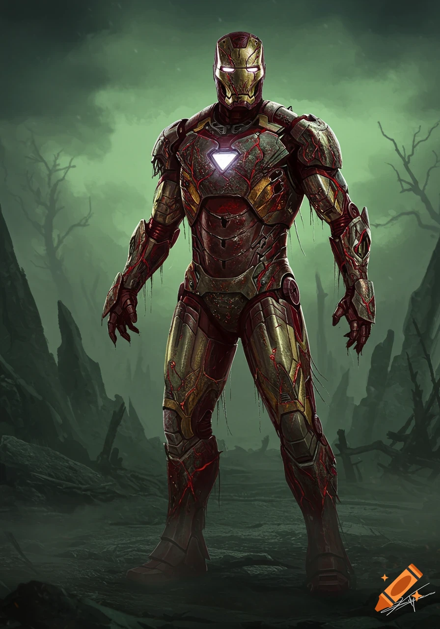 Cursed Iron Man armor stands in a desolate, green-hued wasteland under a stormy sky, digital art style.