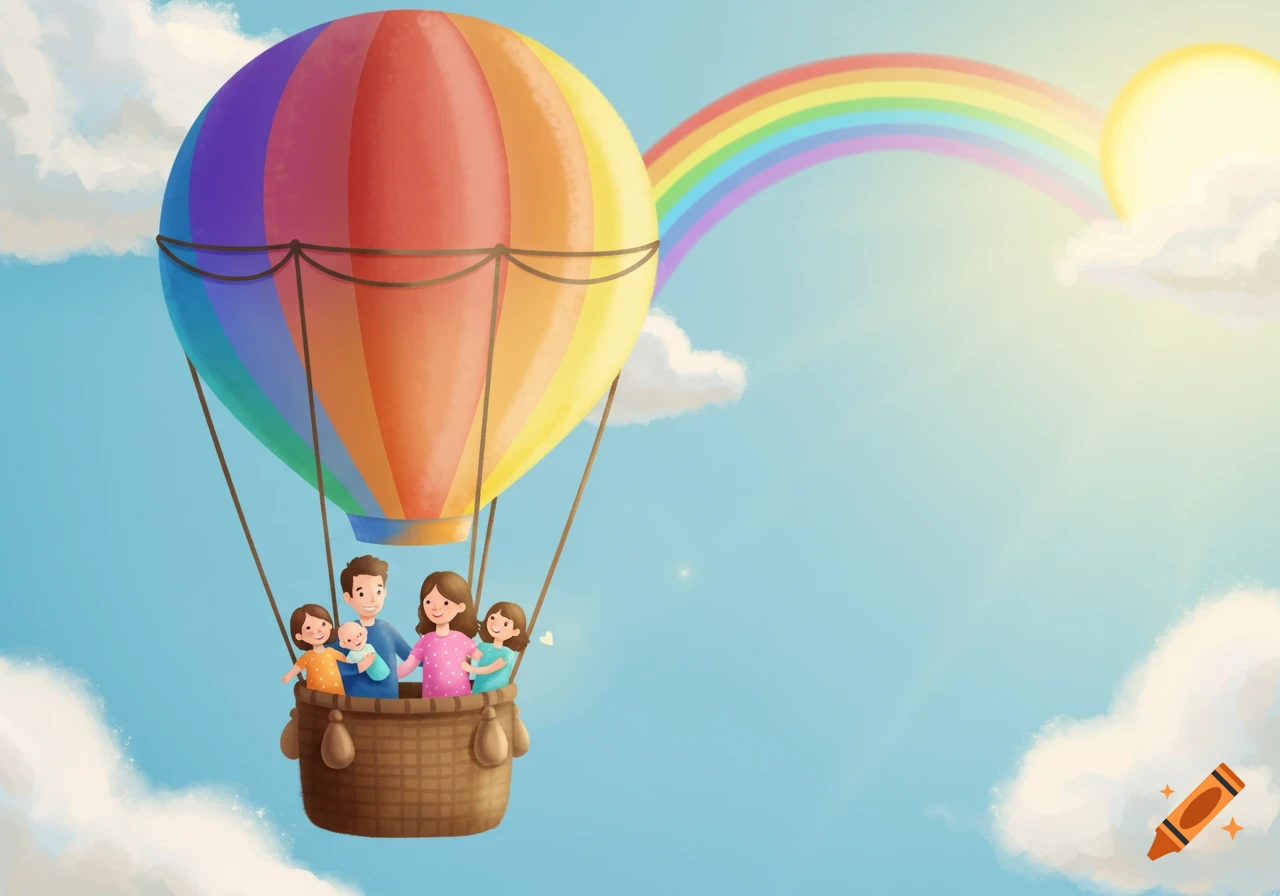 A cartoon family, including parents and three children, rides a colorful hot air balloon beneath a rainbow and sun in a bright blue sky.