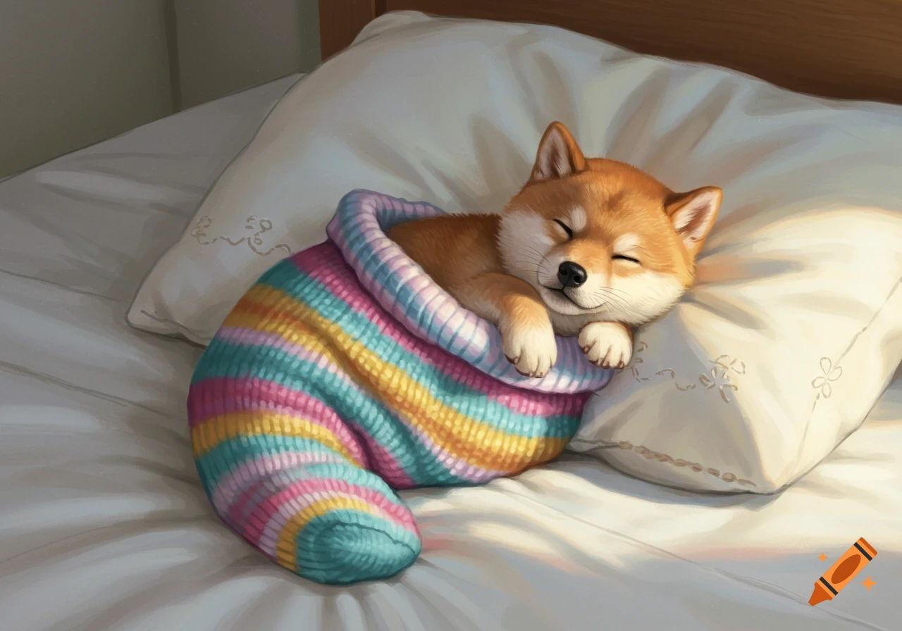 A cute shiba inu puppy sleeping peacefully inside a colorful striped sock on a white pillow in a bed.