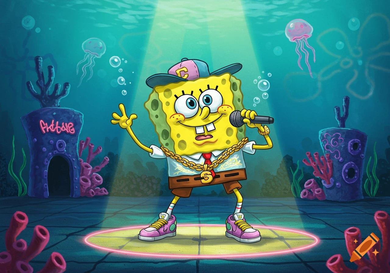Spongebob Squarepants in hip-hop attire, wearing a gold chain and hat, singing into a microphone on an underwater stage.