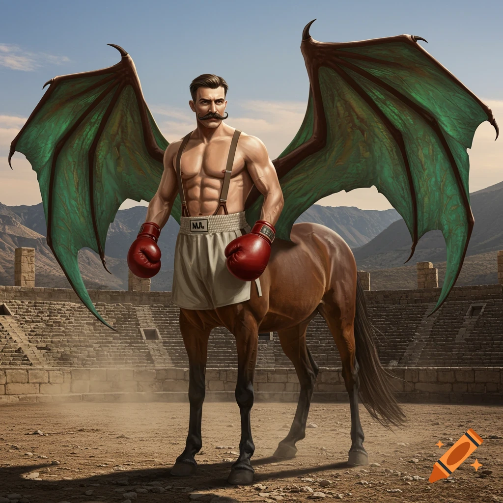 Muscular centaur boxer with a mustache, red gloves, and green dragon wings stands in an ancient stadium.