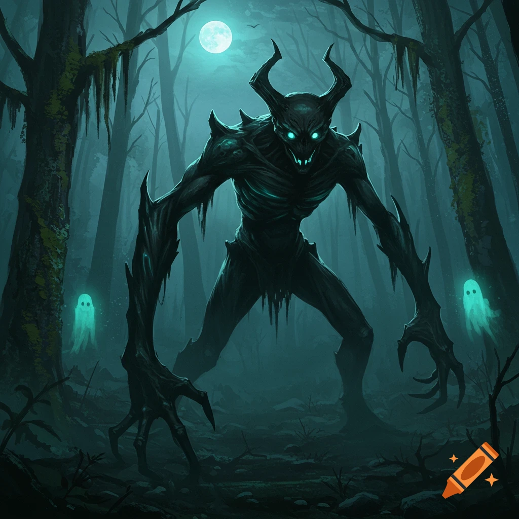 Dark horned monster with glowing eyes in an eerie moonlit forest, flanked by two small ghosts, dark fantasy art style.