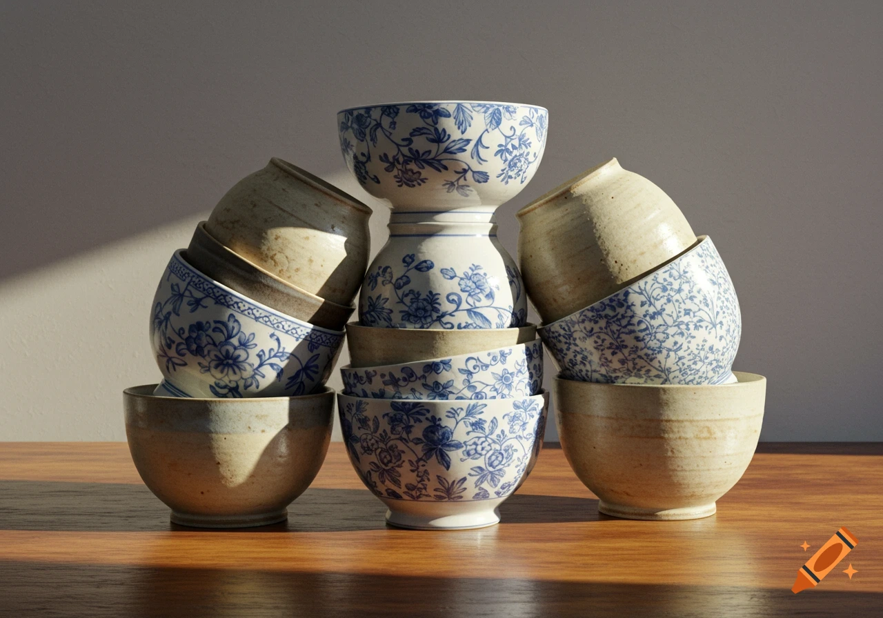 A still life photo of ceramic bowls, some plain and some with blue floral patterns, stacked on a wooden table with sunlight and shadows.
