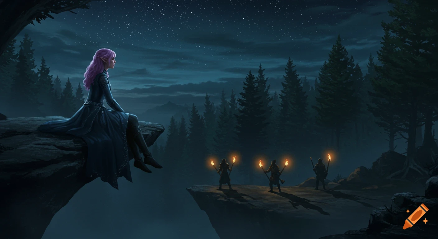 An elegant, pink-haired woman sits on a cliff, gazing at three torch-bearing figures in a dark, star-filled forest.
