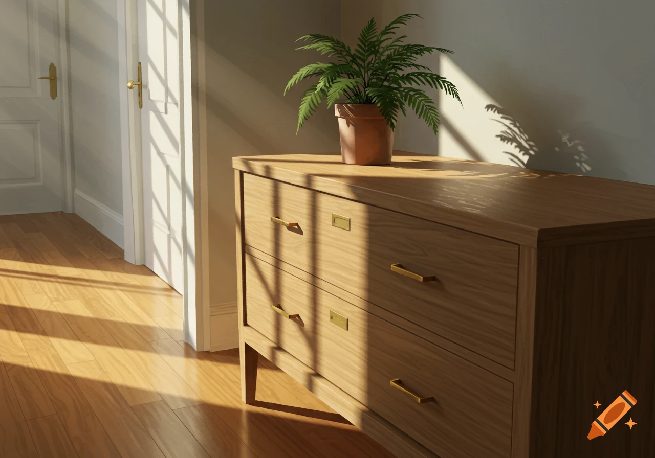 Sunlight streams into a room, illuminating a wooden dresser with a potted fern on top, next to a white door.