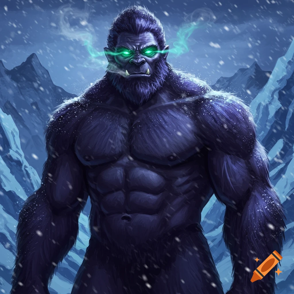 A muscular, dark-furred yeti creature with glowing green eyes stands in a snowy mountain landscape.