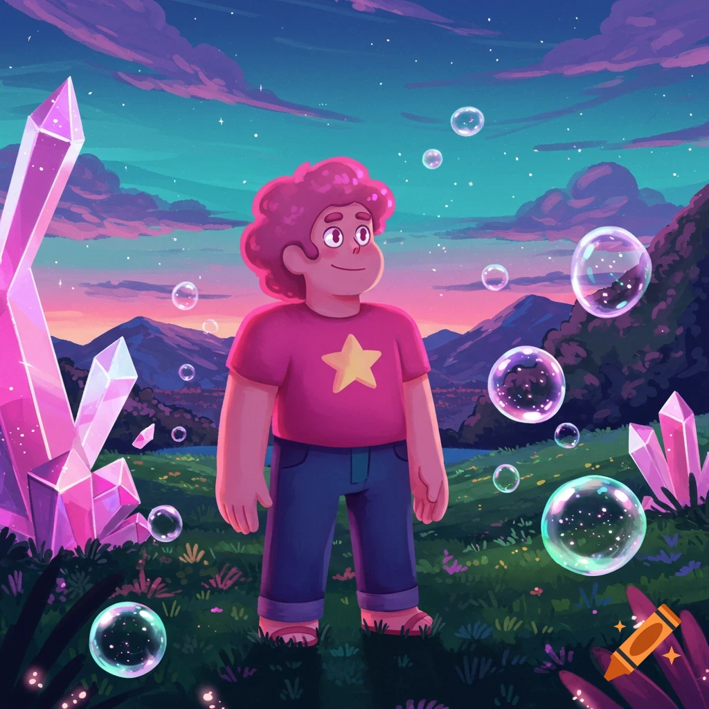 Steven Universe in a vibrant fantasy landscape with pink crystals, bubbles, and a pink and teal sunset sky.