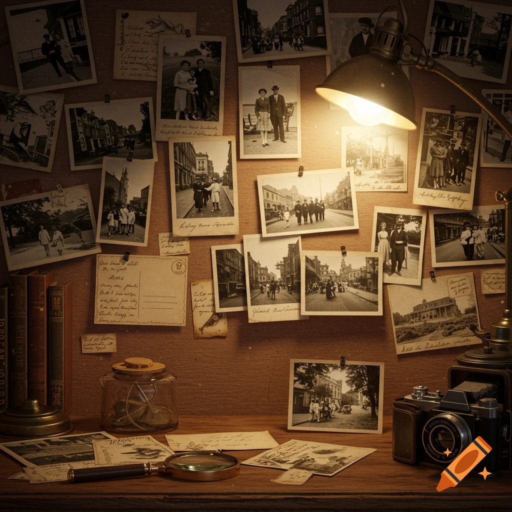 An antique desk with a glowing lamp, books, a magnifying glass, and a vintage camera, next to a wooden wall covered in old black-and-white photographs and postcards.