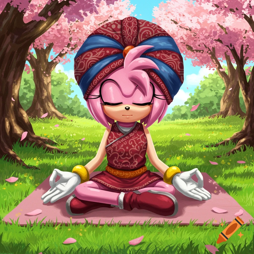Amy Rose, an anthropomorphic pink hedgehog, meditates cross-legged on a pink yoga mat under cherry blossom trees in a park.