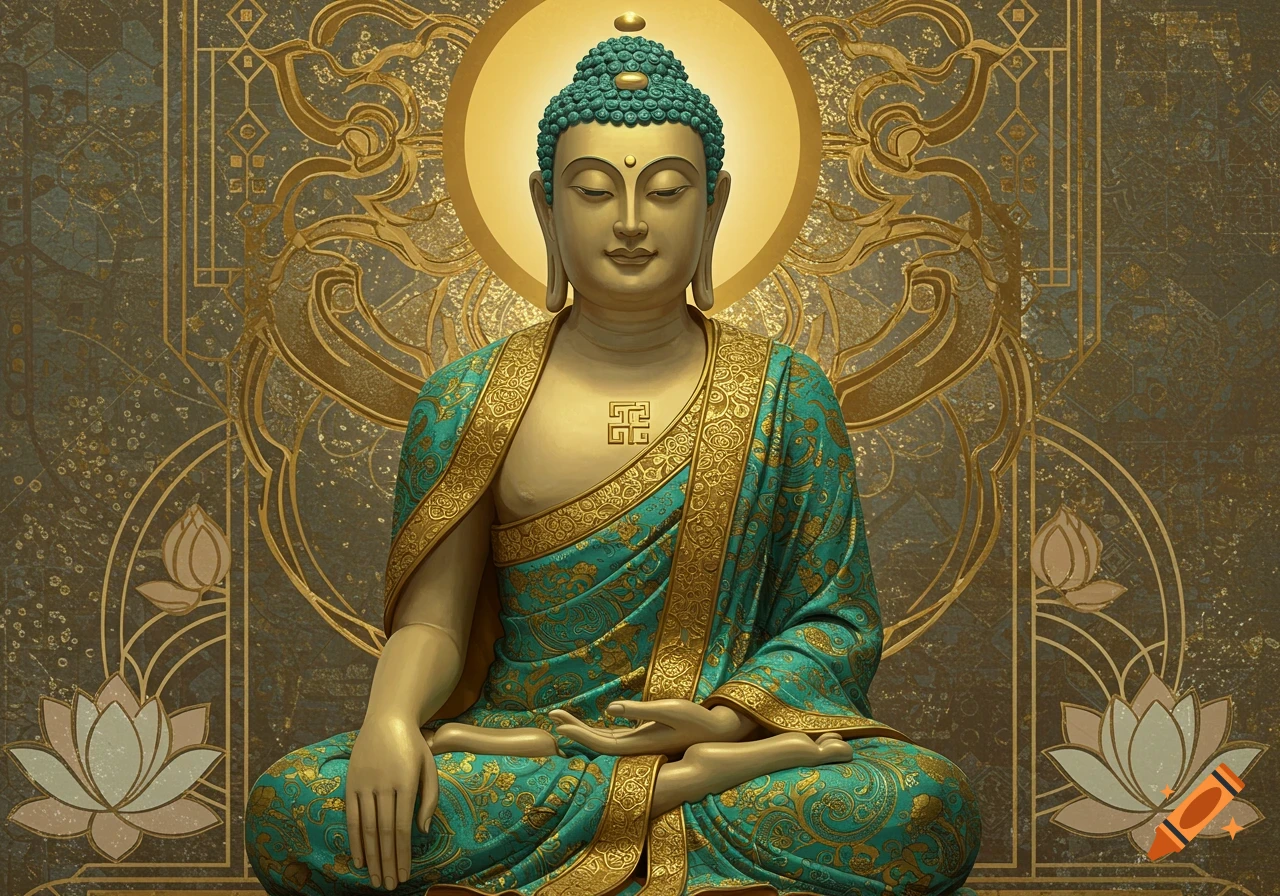 Art Deco style statue of Buddha meditating, adorned in teal and gold robes, against a gold patterned background with lotus flowers.