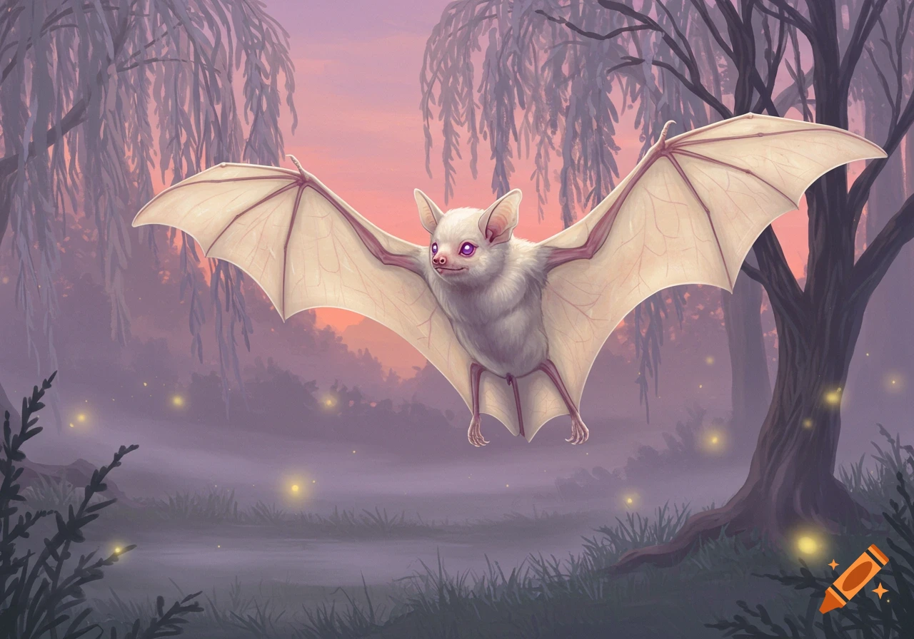 An albino bat with purple eyes flies through a misty forest at sunset, with fireflies glowing on the ground.