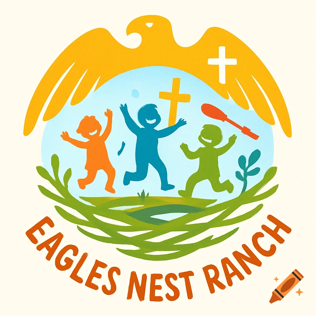 A colorful logo for Eagles Nest Ranch featuring an eagle, nest, three happy children, and two crosses.