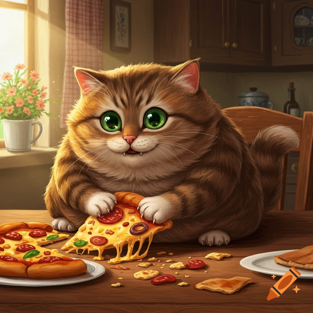 A cute, fat, tabby cat with big green eyes sneakily drags a cheesy pepperoni pizza slice from a wooden table in a sunlit kitchen.