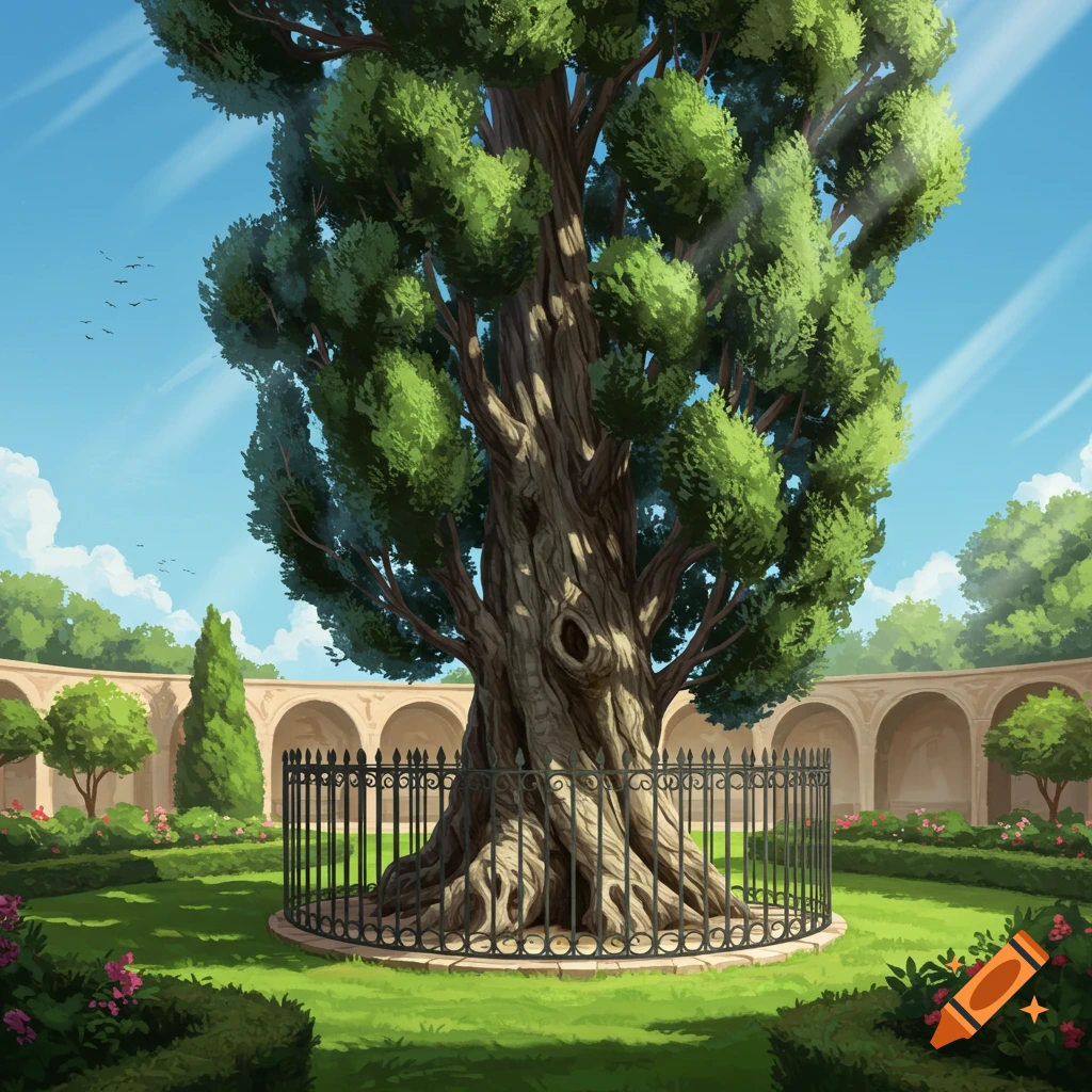 An illustrative old tree with an iron fence in a lush green garden with arched architecture under a blue sky.