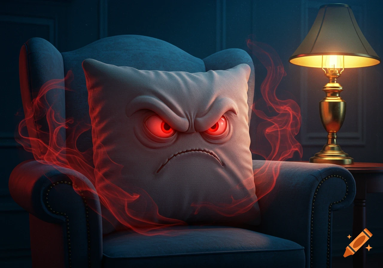 An angry pillow with glowing red eyes and red smoke sits on a chair in a dark room next to a lit lamp.