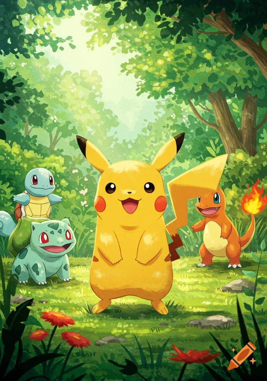 Pikachu, Squirtle, Bulbasaur, and Charmander stand together in a vibrant, illustrated forest clearing.