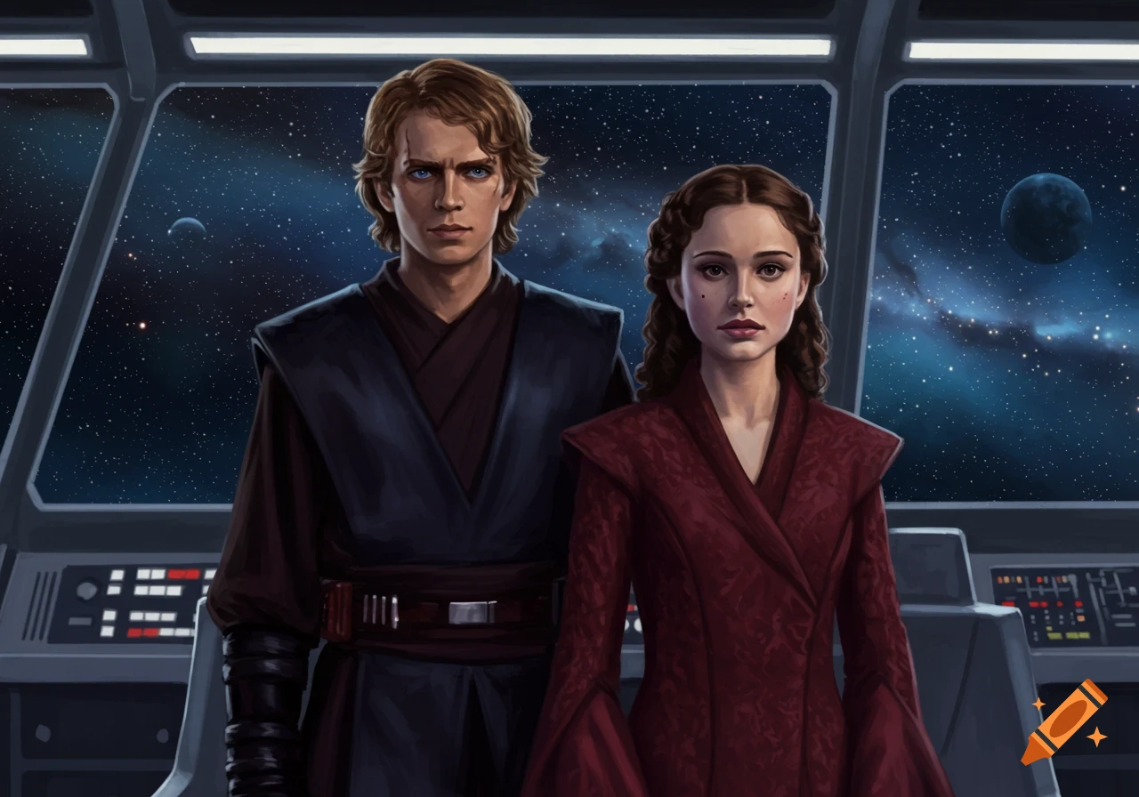 Anakin Skywalker and Padm Amidala in a spaceship cockpit, looking out at planets and stars in a painterly style.
