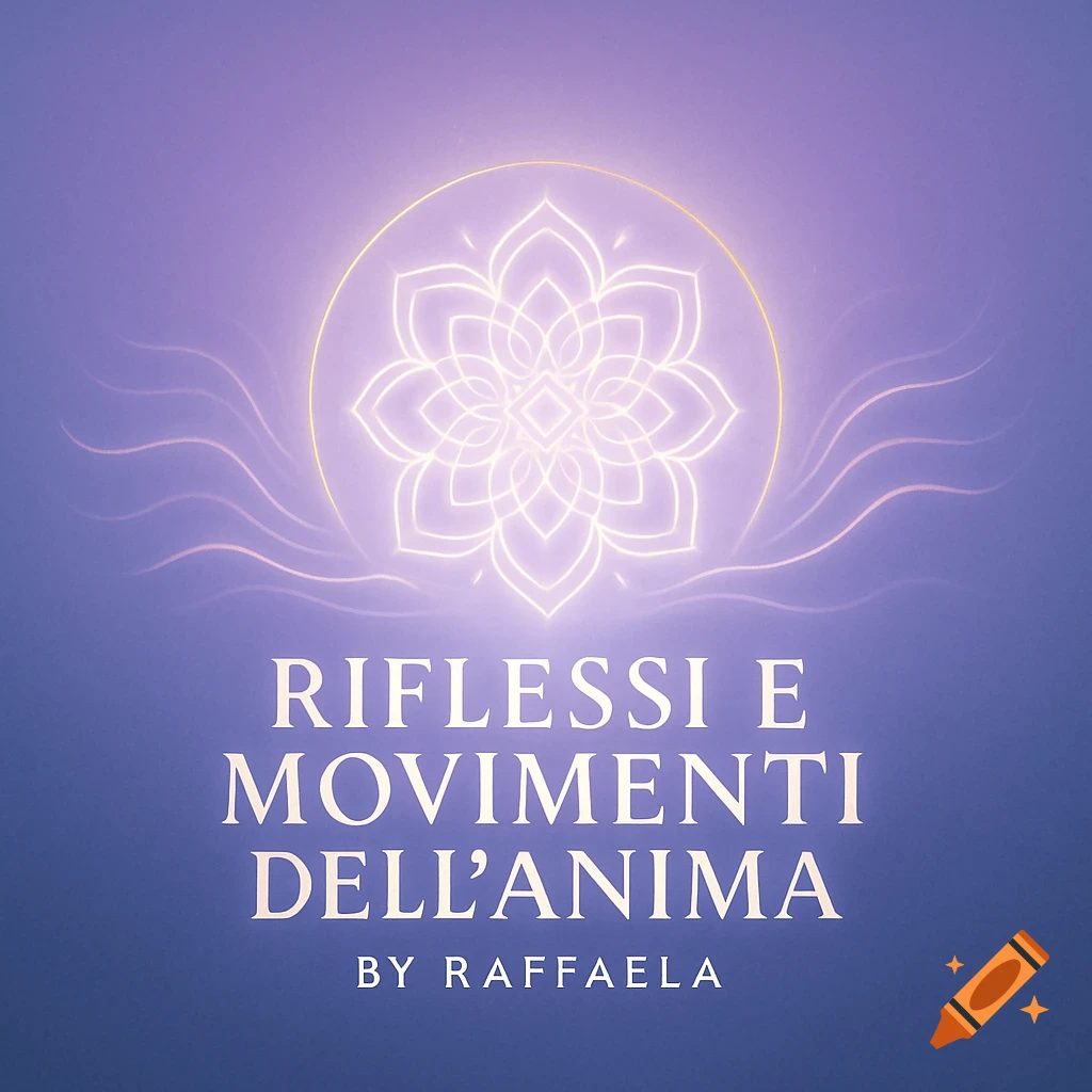 Glowing white lotus flower symbol within a gold circle on a purple gradient background, with text 'Riflessi e Movimenti dell'Anima by Raffaela'.